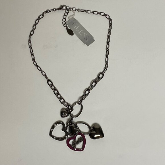 Guess Silver-Tone Heart Charm Necklace With Pink Enamel & Rhinestone Accents For - Picture 5 of 9